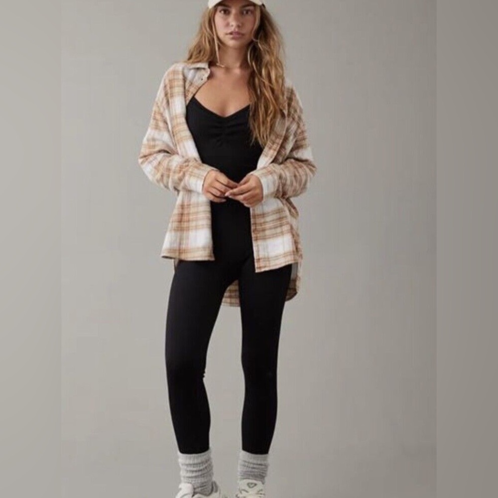 American Eagle Brown Tan Plaid Oversized Button Down Top - Picture 9 of 9